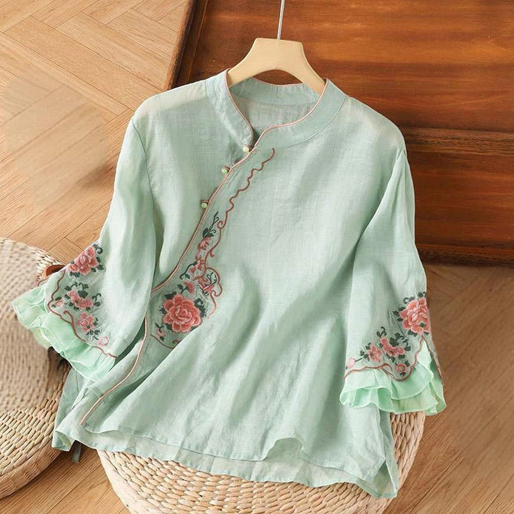 Camisa informal holgada de manga tres cuartos con bordado de peonías y botones de rana para mujer con Buddha Stones - Turquesa pálido - US12, UK/AU16, EU44 (4XL) - image 4