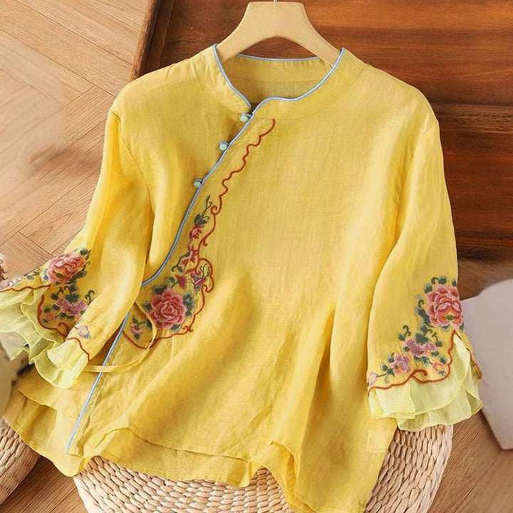 Camisa informal holgada de manga tres cuartos con bordado de peonías y botones de rana para mujer con Buddha Stones - Oro - US12, UK/AU16, EU44 (4XL) - image 0