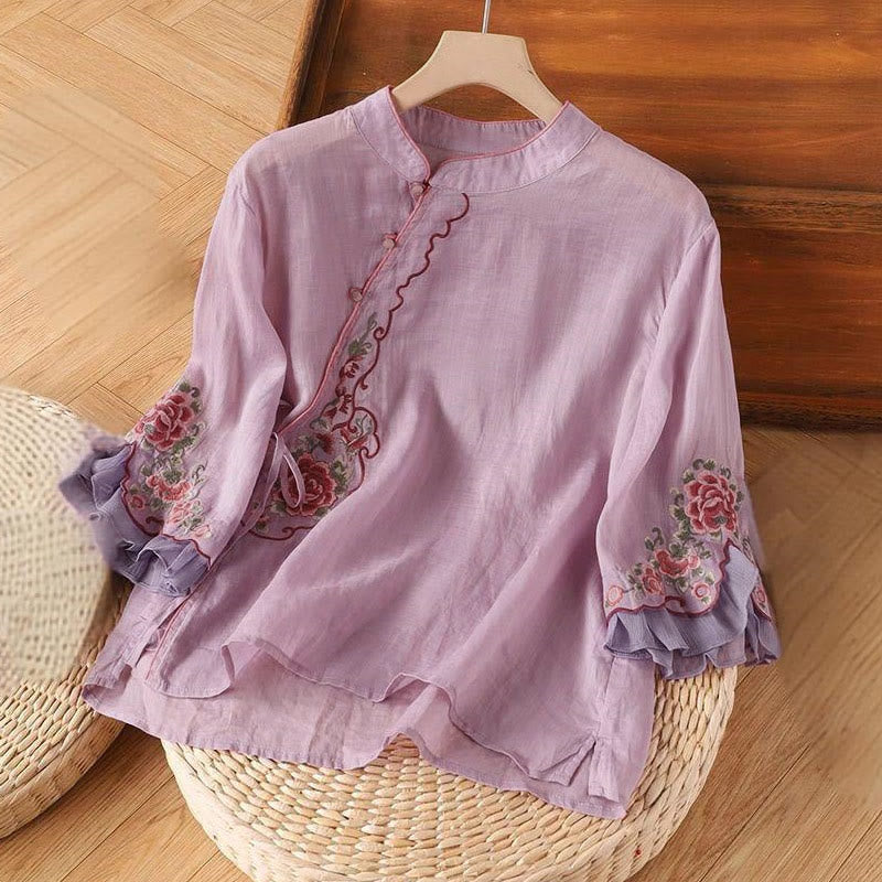 Camisa informal holgada de manga tres cuartos con bordado de peonías y botones de rana para mujer con Buddha Stones - Ciruela - US12, UK/AU16, EU44 (4XL) - image 3