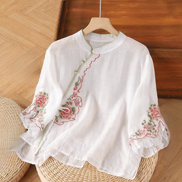 Camisa informal holgada de manga tres cuartos con bordado de peonías y botones de rana para mujer con Buddha Stones - Nieve - US12, UK/AU16, EU44 (4XL) - image 2