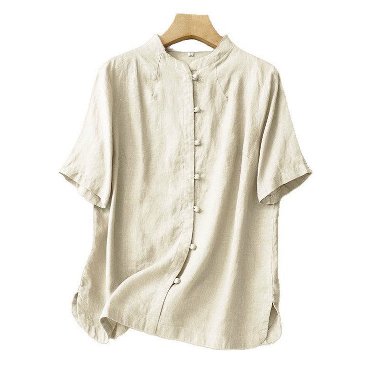 Buddha Stones Camisa de algodón de verano para mujer, de manga corta, con cuello alto, abertura lateral y botones de rana - image 6