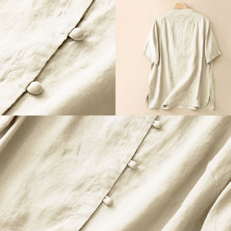 Buddha Stones Camisa de algodón de verano para mujer, de manga corta, con cuello alto, abertura lateral y botones de rana - image 4