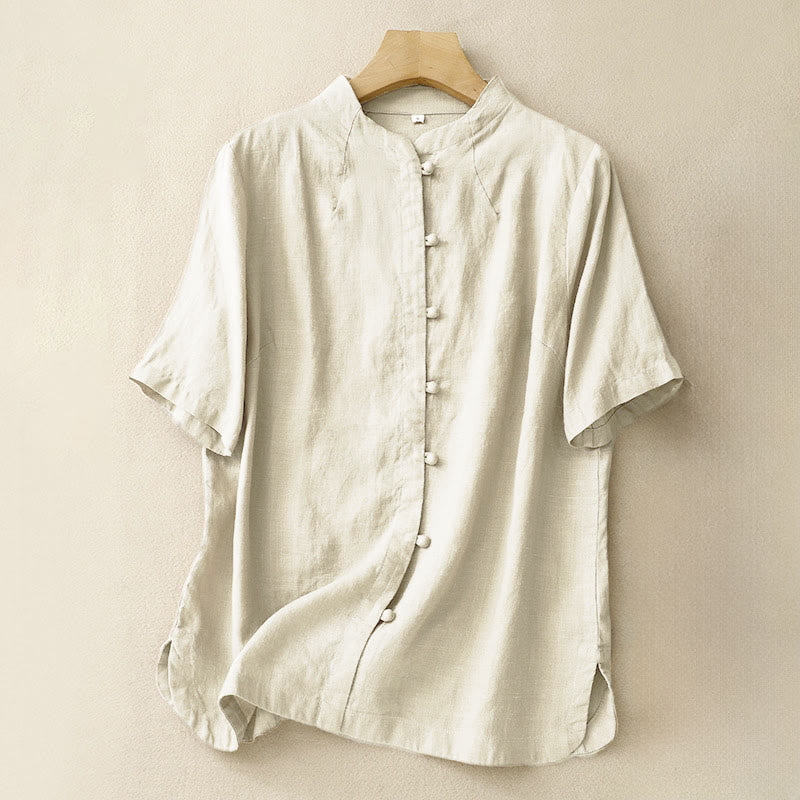 Camisa de manga corta con cuello alto, abertura lateral y botones de rana para mujer, modelo Buddha Stones Summer. - Amarillo claro - US8-10，UK/AU12-14，EU40-42 (2XL) - image 0
