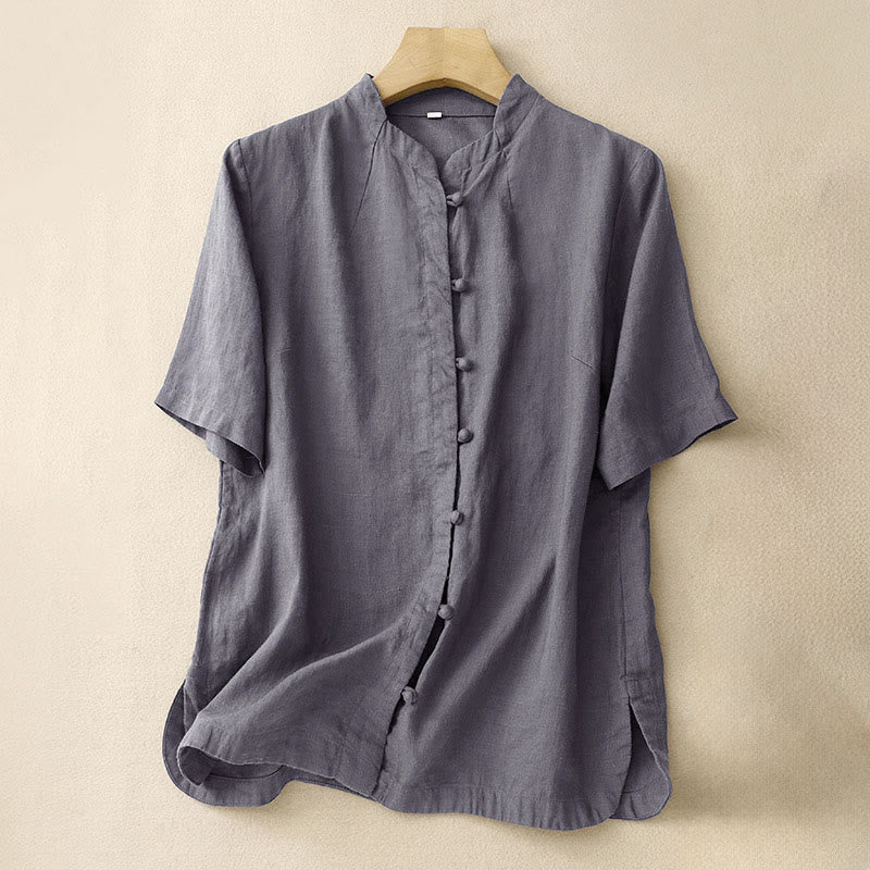Buddha Stones Camisa de algodón de verano para mujer, de manga corta, con cuello alto, abertura lateral y botones de rana - Gris pizarra - US8-10，UK/AU12-14，EU40-42 (2XL) - image 13