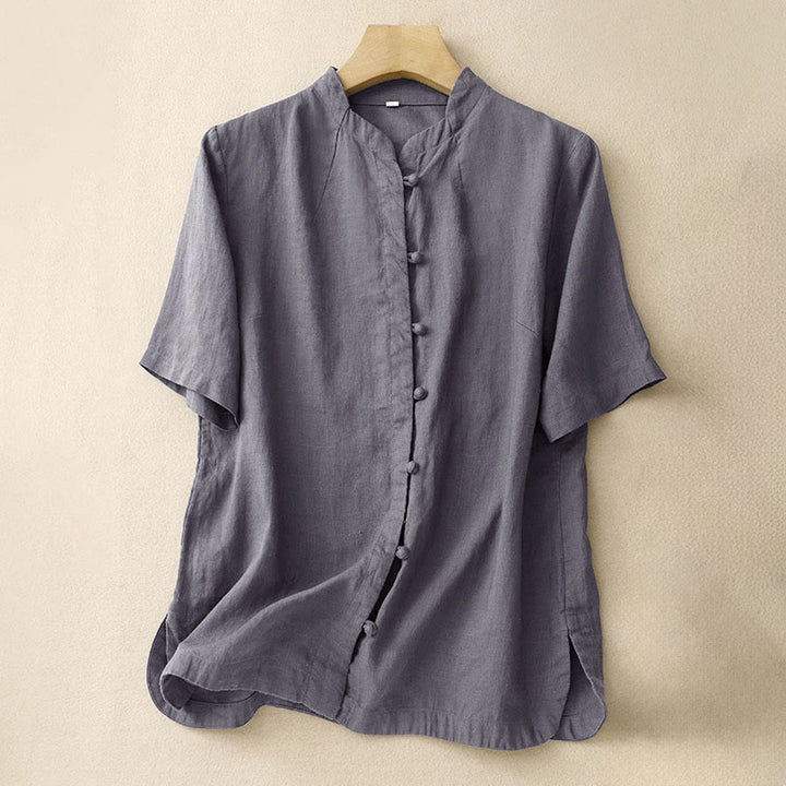 Buddha Stones Camisa de algodón de verano para mujer, de manga corta, con cuello alto, abertura lateral y botones de rana - Gris pizarra - US8-10，UK/AU12-14，EU40-42 (2XL) - image 13