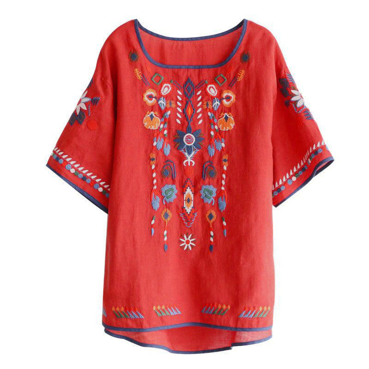 Camiseta de manga corta de algodón y lino para mujer con cuello redondo, diseño floral y bordado artístico retro de Buddha Stones - image 13