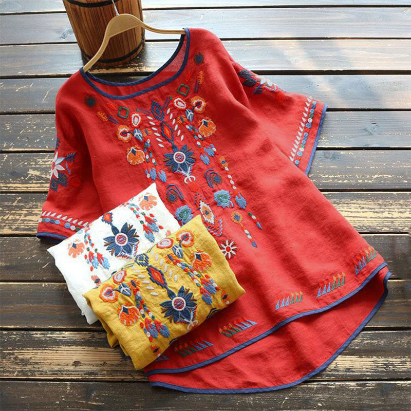 Camiseta de manga corta de algodón y lino para mujer con cuello redondo, diseño floral y bordado artístico retro de Buddha Stones - image 12