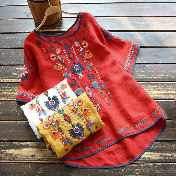 Camiseta de manga corta de algodón y lino para mujer con cuello redondo, diseño floral y bordado artístico retro de Buddha Stones - image 12