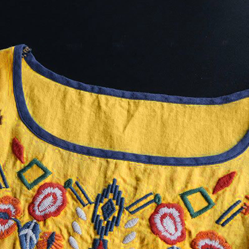 Camiseta de manga corta de algodón y lino para mujer con cuello redondo, diseño floral y bordado artístico retro de Buddha Stones - image 15