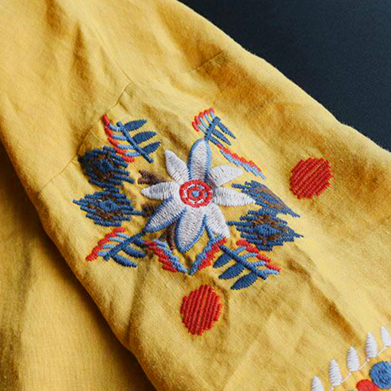 Camiseta de manga corta de algodón y lino para mujer con cuello redondo, diseño floral y bordado artístico retro de Buddha Stones - image 16