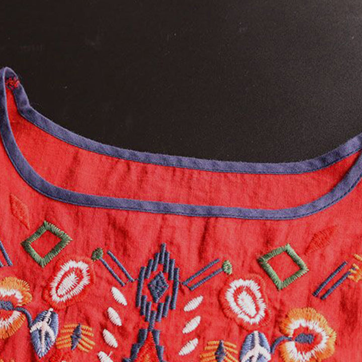 Camiseta de manga corta de algodón y lino para mujer con cuello redondo, diseño floral y bordado artístico retro de Buddha Stones - image 9