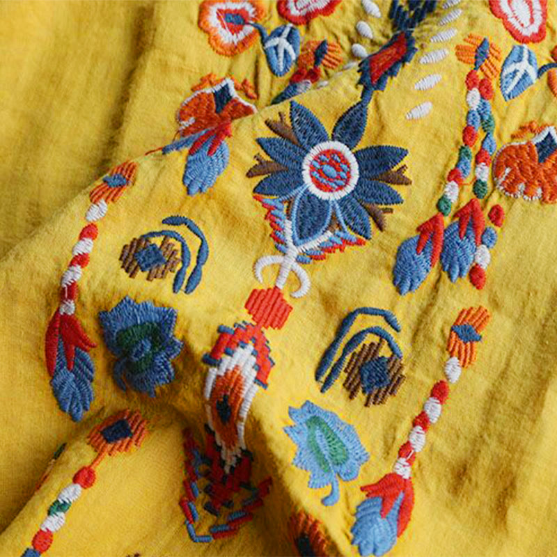 Camiseta de manga corta de algodón y lino para mujer con cuello redondo, diseño floral y bordado artístico retro de Buddha Stones - image 17
