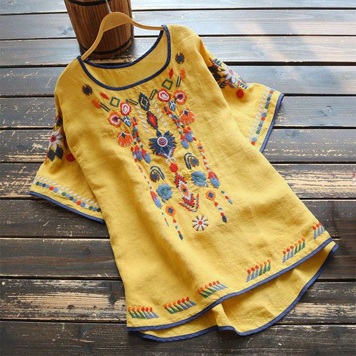 Camiseta de manga corta de algodón y lino para mujer con cuello redondo, diseño floral y bordado artístico retro de Buddha Stones - Amarillo - US14, UK/AU18, EU46 (4XL) - image 14