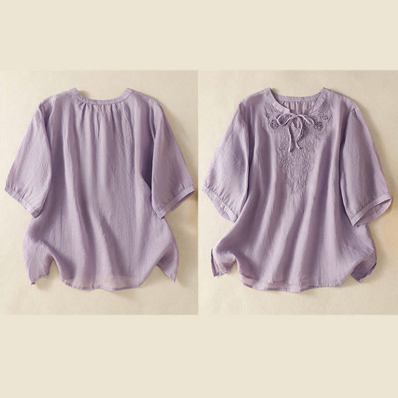 Buddha Stones Camisa de manga corta para mujer con cuello entallado y diseño de flores bordadas de verano con cordones - image 5