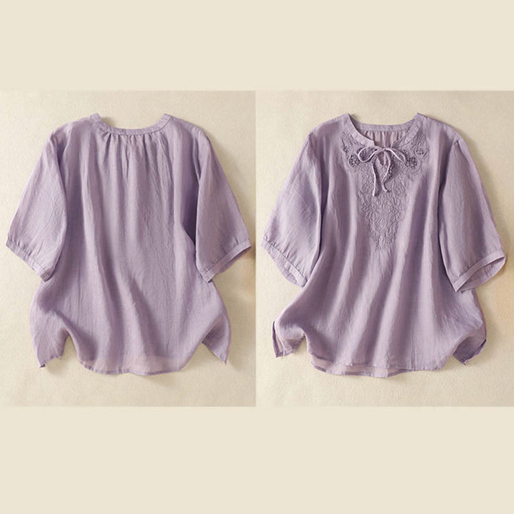 Buddha Stones Camisa de manga corta para mujer con cuello entallado y diseño de flores bordadas de verano con cordones - image 5