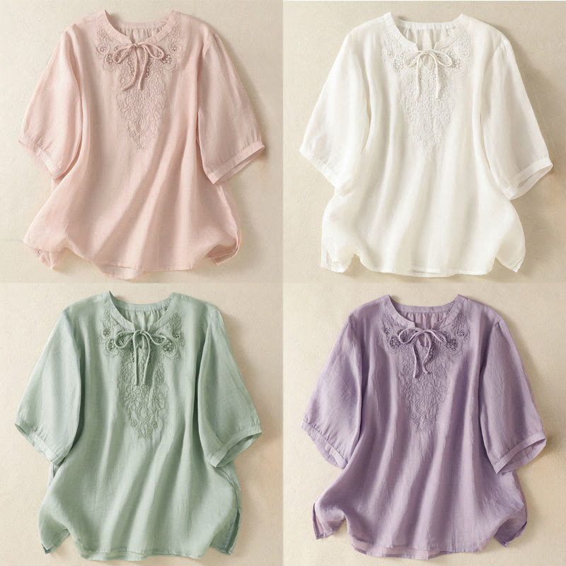 Buddha Stones Camisa de manga corta para mujer con cuello entallado y diseño de flores bordadas de verano con cordones - image 25