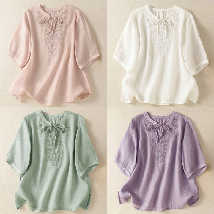 Buddha Stones Camisa de manga corta para mujer con cuello entallado y diseño de flores bordadas de verano con cordones - image 25