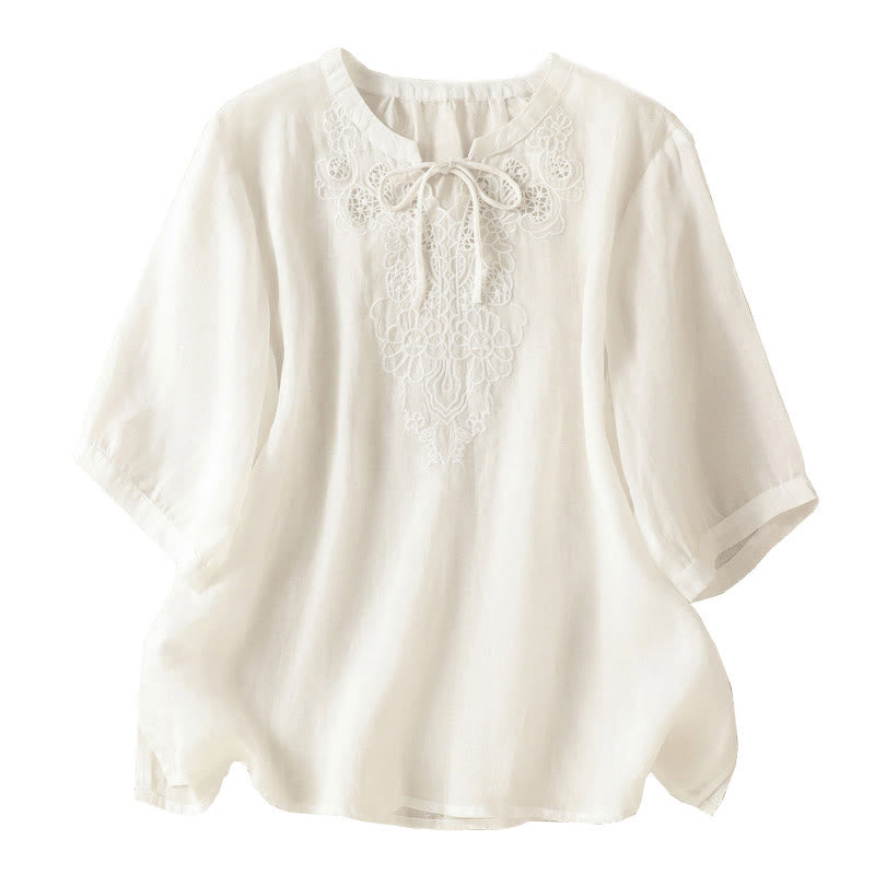 Buddha Stones Camisa de manga corta para mujer con cuello entallado y diseño de flores bordadas de verano con cordones - image 15