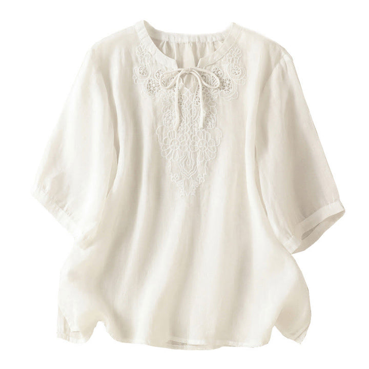 Buddha Stones Camisa de manga corta para mujer con cuello entallado y diseño de flores bordadas de verano con cordones - image 15