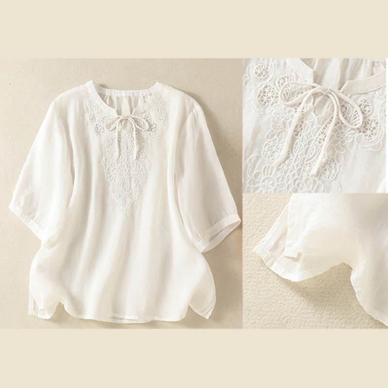 Buddha Stones Camisa de manga corta para mujer con cuello entallado y diseño de flores bordadas de verano con cordones - image 14