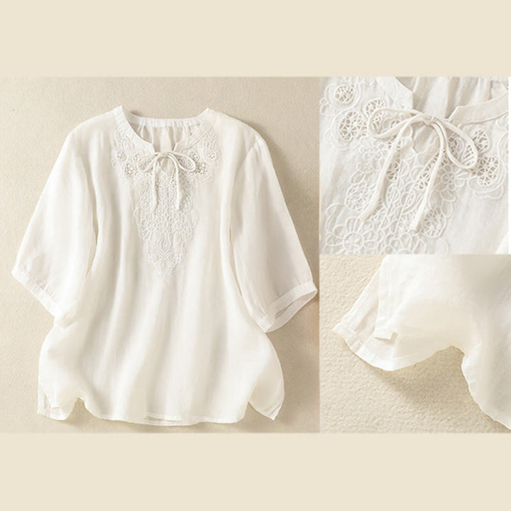 Buddha Stones Camisa de manga corta para mujer con cuello entallado y diseño de flores bordadas de verano con cordones - image 14
