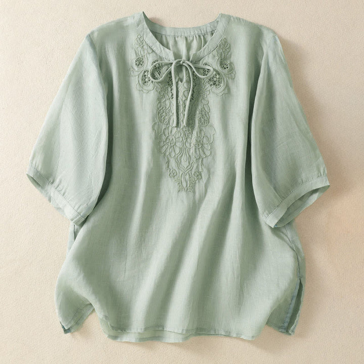 Buddha Stones Camisa de manga corta para mujer con cuello entallado y diseño de flores bordadas de verano con cordones - Aguamarina mediana - US8-10，UK/AU12-14，EU40-42 (2XL) - image 6