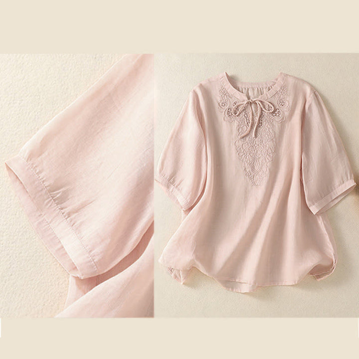 Buddha Stones Camisa de manga corta para mujer con cuello entallado y diseño de flores bordadas de verano con cordones - image 23