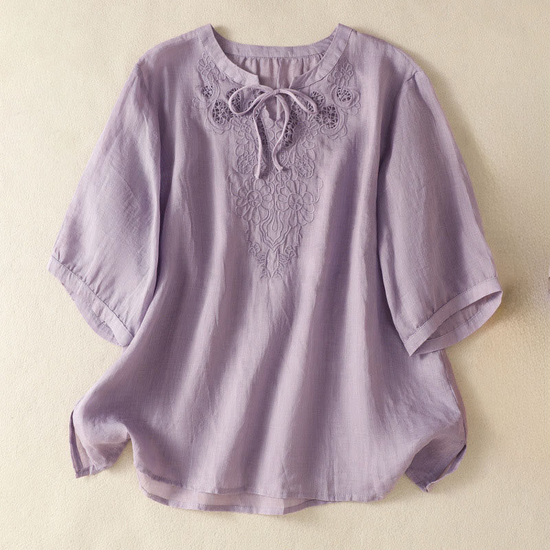 Buddha Stones Camisa de manga corta para mujer con cuello entallado y diseño de flores bordadas de verano con cordones - Ciruela - US8-10，UK/AU12-14，EU40-42 (2XL) - image 0