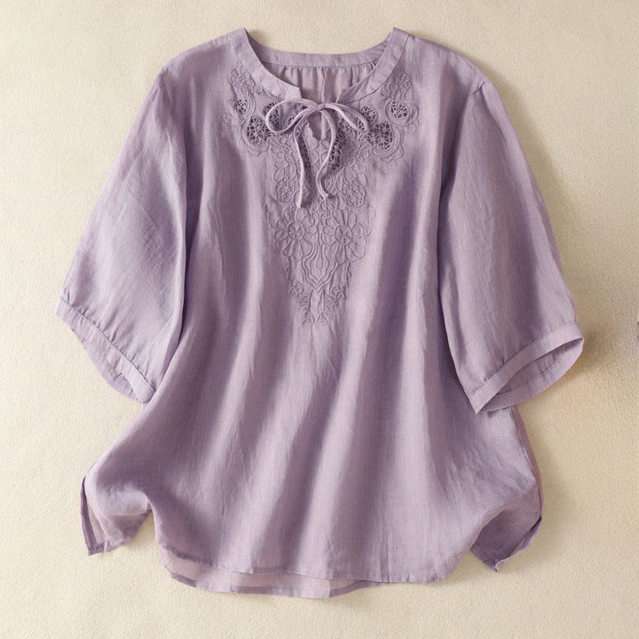 Buddha Stones Camisa de manga corta para mujer con cuello entallado y diseño de flores bordadas de verano con cordones - Ciruela - US8-10，UK/AU12-14，EU40-42 (2XL) - image 0