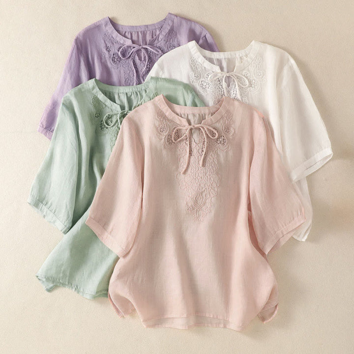 Buddha Stones Camisa de manga corta para mujer con cuello entallado y diseño de flores bordadas de verano con cordones - image 24