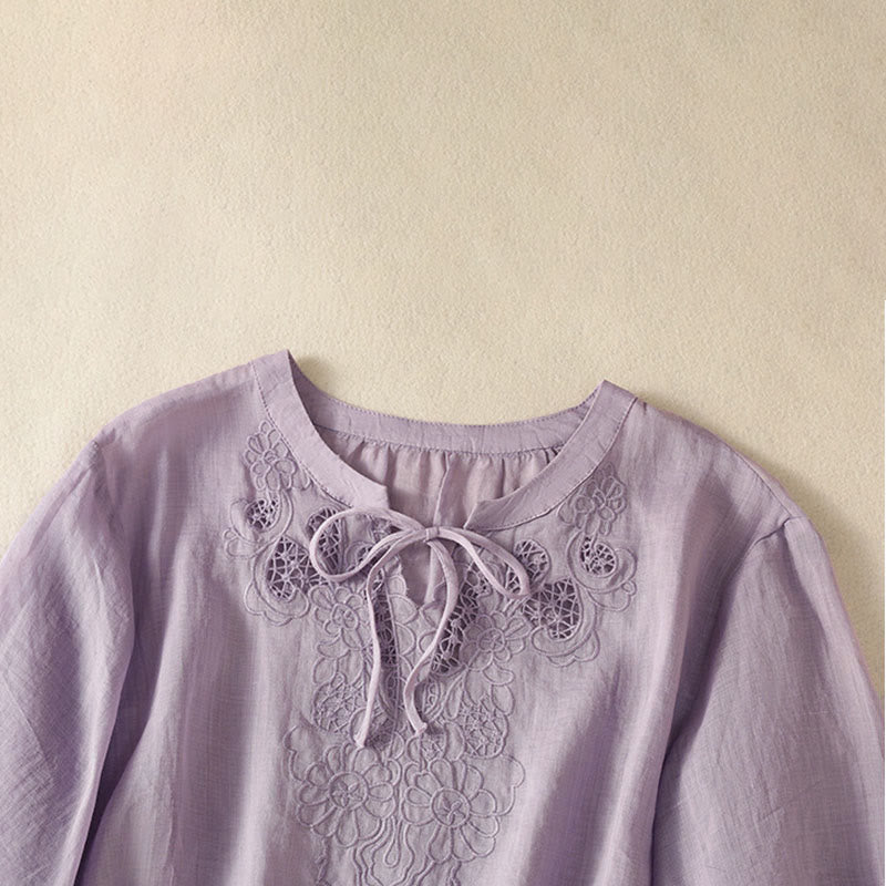 Buddha Stones Camisa de manga corta para mujer con cuello entallado y diseño de flores bordadas de verano con cordones - image 2
