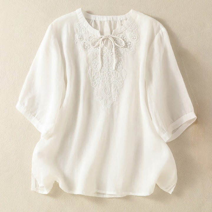 Buddha Stones Camisa de manga corta para mujer con cuello entallado y diseño de flores bordadas de verano con cordones - Blanco - US8-10，UK/AU12-14，EU40-42 (2XL) - image 10