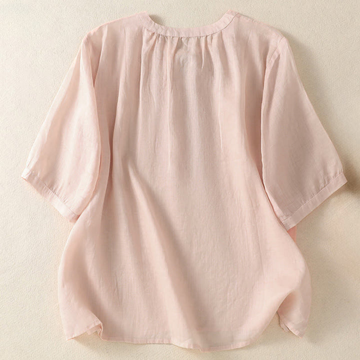 Buddha Stones Camisa de manga corta para mujer con cuello entallado y diseño de flores bordadas de verano con cordones - image 17