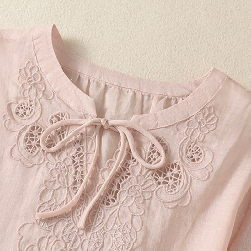 Buddha Stones Camisa de manga corta para mujer con cuello entallado y diseño de flores bordadas de verano con cordones - image 18