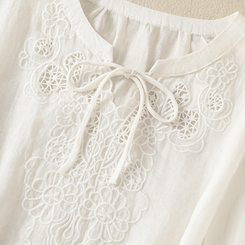 Buddha Stones Camisa de manga corta para mujer con cuello entallado y diseño de flores bordadas de verano con cordones - image 12