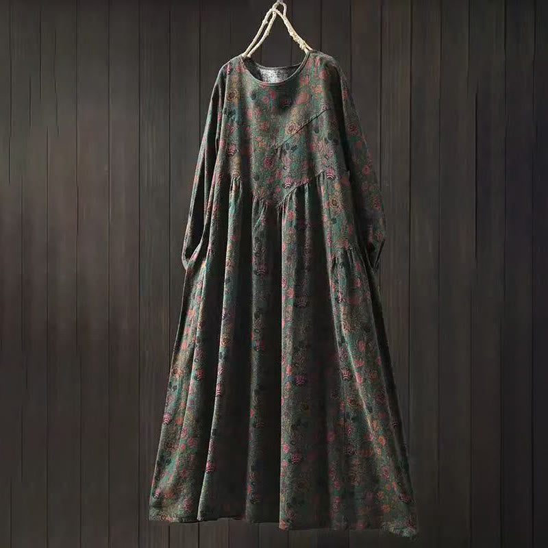 Buddha Stones Vestido largo de algodón para mujer, manga larga, diseño floral retro, corte A - Verde oliva oscuro - US4-8/10, UK/AU8-12/14, EU36-40/42 (F) - image 0