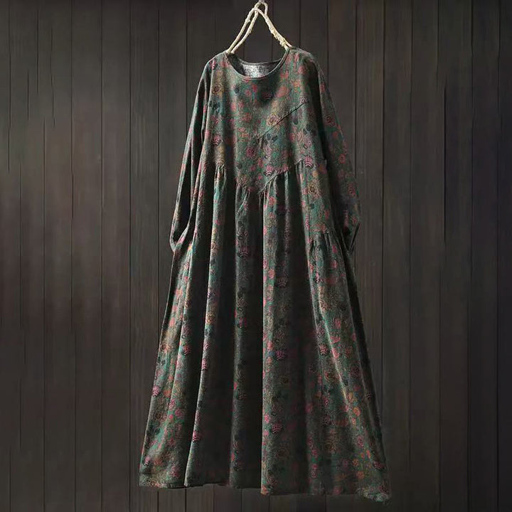 Buddha Stones Vestido largo de algodón para mujer, manga larga, diseño floral retro, corte A - Verde oliva oscuro - US4-8/10, UK/AU8-12/14, EU36-40/42 (F) - image 0