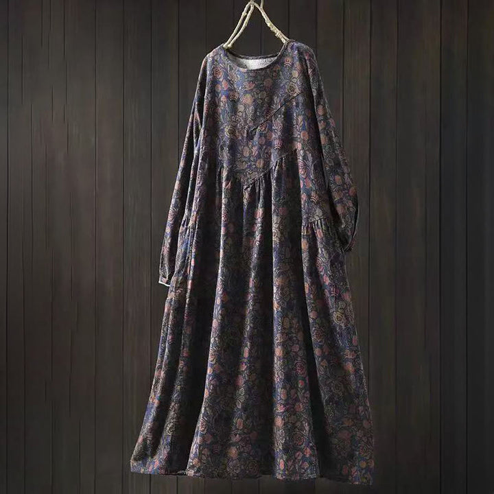 Buddha Stones Vestido largo de algodón para mujer, manga larga, diseño floral retro, corte A - Azul oscuro - US4-8/10, UK/AU8-12/14, EU36-40/42 (F) - image 11