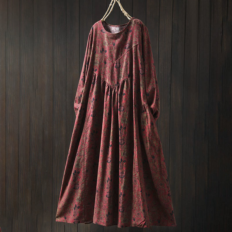 Buddha Stones Vestido largo de algodón para mujer, manga larga, diseño floral retro, corte A - Ladrillo refractario - US4-8/10, UK/AU8-12/14, EU36-40/42 (F) - image 2