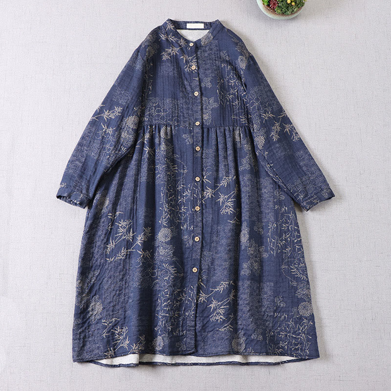Buddha Stones Vestido midi de algodón para mujer con botones, manga larga y estampado floral de bambú y bolsillos - Azul oscuro - US4-6, UK/AU8-10, EU36-38 (F) - image 1