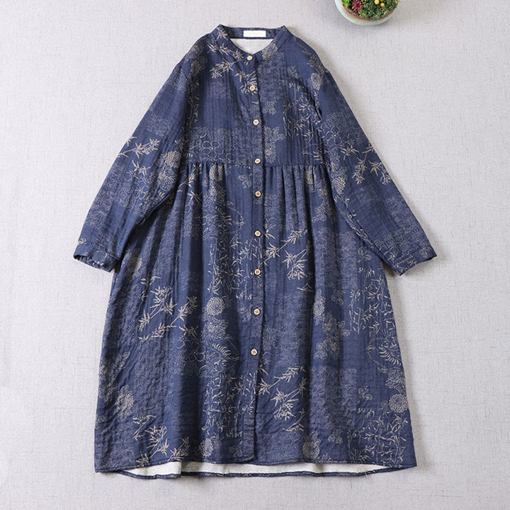 Buddha Stones Vestido midi de algodón para mujer con botones, manga larga y estampado floral de bambú y bolsillos - Azul oscuro - US4-6, UK/AU8-10, EU36-38 (F) - image 1