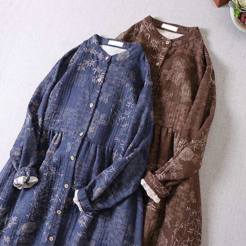 Buddha Stones Vestido midi de algodón para mujer con botones, manga larga y estampado floral de bambú y bolsillos - image 15