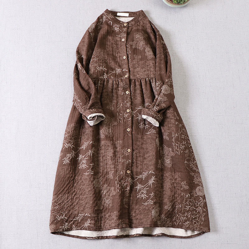 Buddha Stones Vestido midi de algodón para mujer con botones, manga larga y estampado floral de bambú y bolsillos - SaddleBrown - US4-6, UK/AU8-10, EU36-38 (F) - image 9