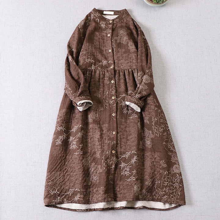 Buddha Stones Vestido midi de algodón para mujer con botones, manga larga y estampado floral de bambú y bolsillos - SaddleBrown - US4-6, UK/AU8-10, EU36-38 (F) - image 9