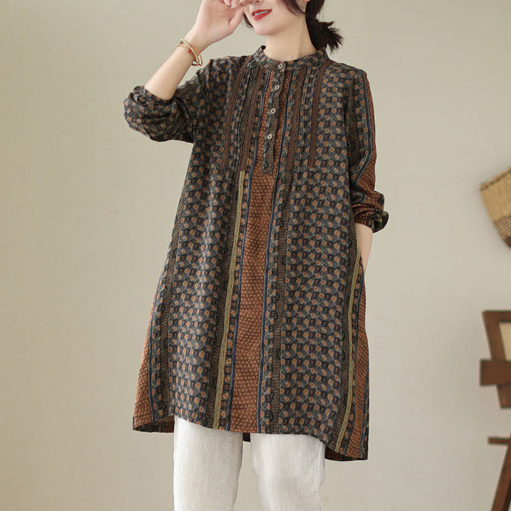 Buddha Stones Camisa de manga larga con pliegues de acordeón y bolsillos para mujer con estampado floral retro - SaddleBrown - US8-10，UK/AU12-14，EU40-42 (2XL) - image 0