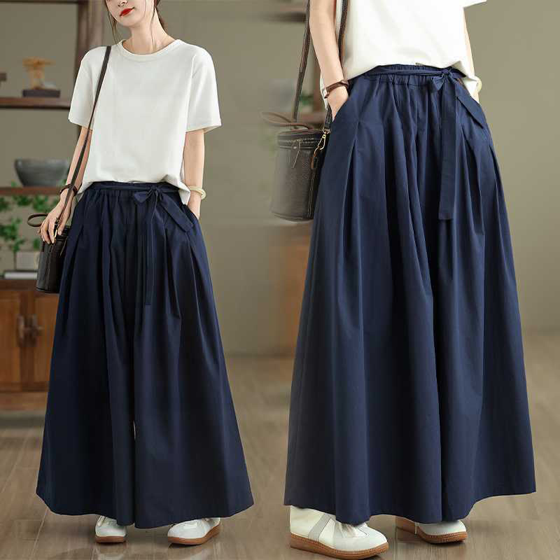 Buddha Stones Pantalones de mujer con cintura elástica, pierna ancha y bolsillos, diseño liso con cordones en azul oscuro - Azul oscuro - US6，UK/AU10，EU38 (XL) - image 0