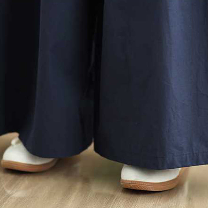 Buddha Stones Pantalones de mujer con cintura elástica, pierna ancha y bolsillos, diseño liso con cordones en azul oscuro - image 13