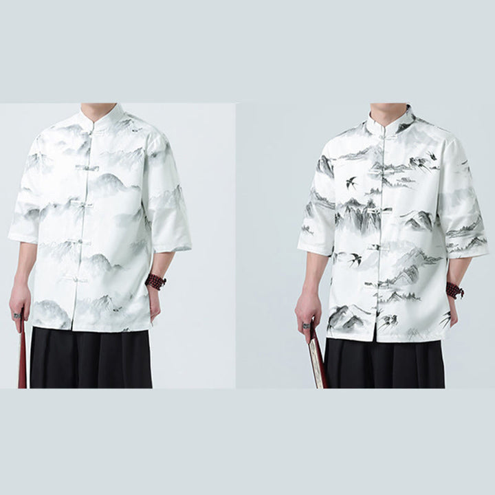 Buddha Stones Camisas de manga corta con botones de rana para hombre con estampado de paisaje en tinta china - image 18