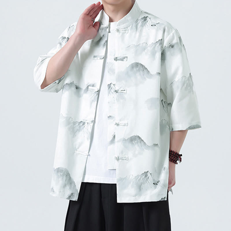Buddha Stones Camisas de manga corta con botones de rana para hombre con estampado de paisaje en tinta china - image 15
