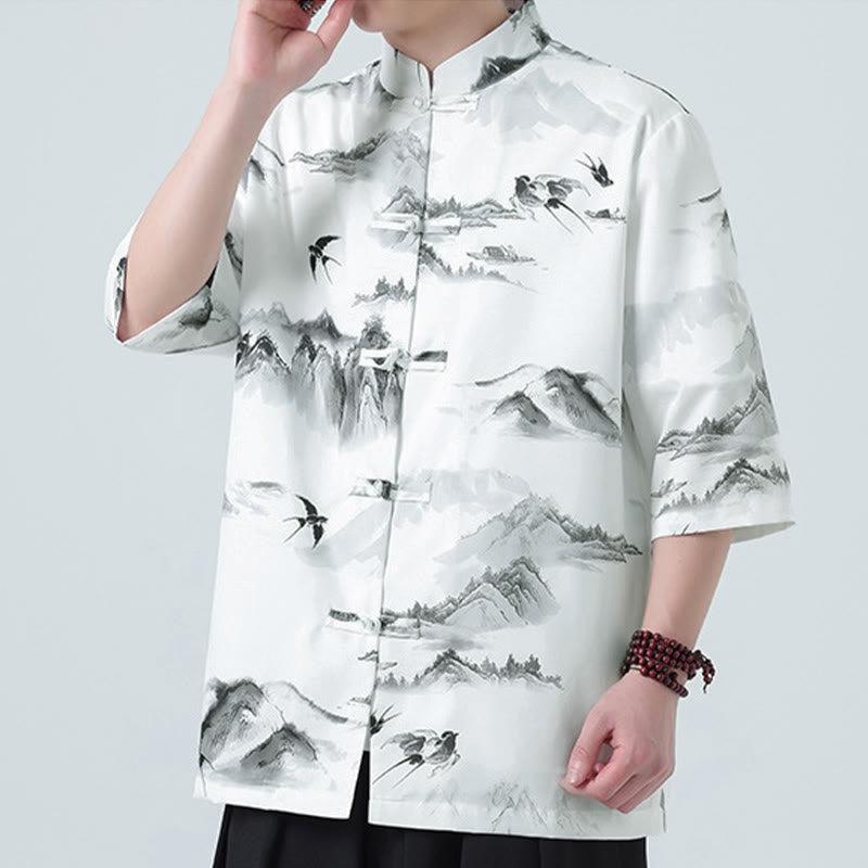 Buddha Stones Camisas de manga corta con botones de rana para hombre con estampado de paisaje en tinta china - image 7